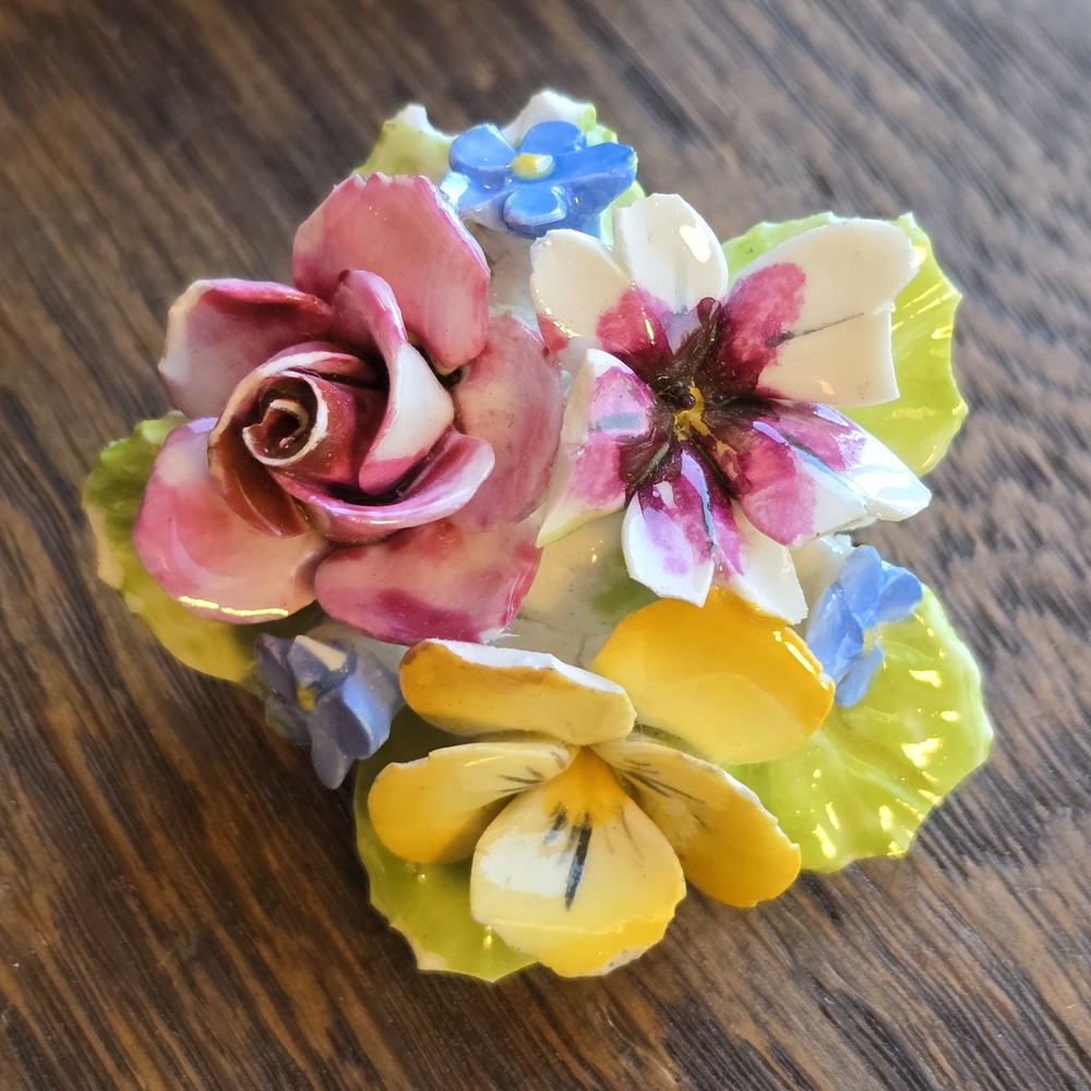 Floral Porcelain Brooch with Pink, Yellow, and Green Accents